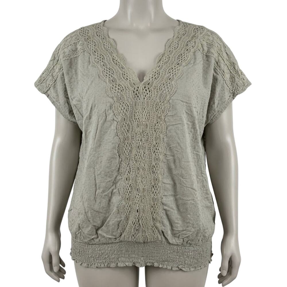 Live & Let Live 1X Sage Green Blouse Lace Trim Boho Whimsigoth Fairy V-Neck Top